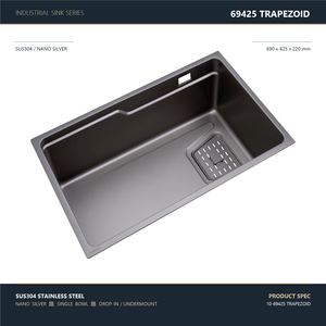 Single Bowl Kitchen Sink 690x425mm 304 Stainless Steel Nano Silver Trapezoid, with Colander and Cutting Board - Product Image 1