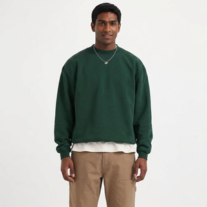 Dark green cotton Terry <b>distressed</b> patches hoodies men's round neck sweatshirt cropped sweatshirt boxy fit Hoodies - Product Image 1