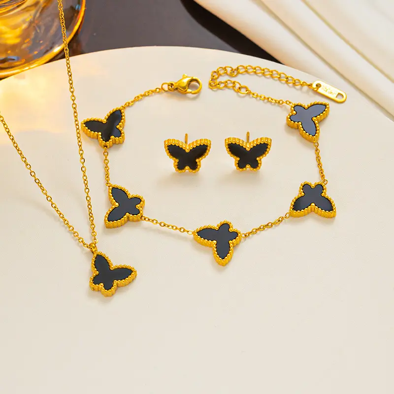 Großhandel Vintage hochwertige Mode 18K Gold blau Edelstahl Schmetterling Anhänger Halskette-Set Schmuck für Damen