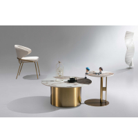 Table basse ovale en marbre de luxe moderne dorée en pierre frittée pour salon, ensemble de tables à thé et à café Foshan Furniture