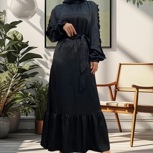 9.9 Popular Dress Rose Satin Material Crew Neck Elastic Cuff Pleated Dress Classy Muslim <b>Islamic</b> Women Abaya Dress 6582# - Product Image 4