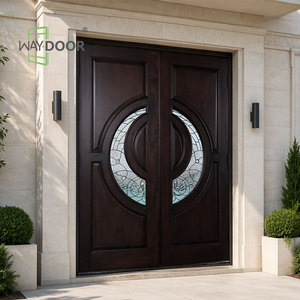 Puerta Doble de <span class=keywords><strong>Entrada</strong></span> Precolgada de Alta Resistencia con Paneles Elevados, Vidrio Decorativo Teñido y Madera Sólida de Caoba - Product Image 2