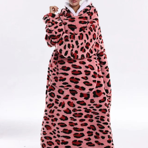 Albornoz <span class=keywords><strong>de</strong></span> Franela Largo para Mujer, Ultra Acogedor, con Base Rosa y Estampado <span class=keywords><strong>de</strong></span> Leopardo, para Ducha, Spa y Baño - Product Image 1