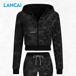Lancai Women Custom Leopard Print Tracksuit 2 Piece <b>Set</b> High Quality Cotton Zip up Cheetah Leggings Hoodie <b>Set</b> for Women - Product Image 2