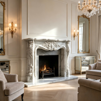 AOLEI Cheminée de luxe en marbre blanc sculpté à la main, cadre moderne en pierre naturelle avec motifs floraux coquillages complexes pour salon