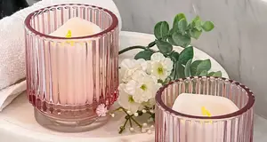 Tempat lilin kaca bergaris sederhana Modern, dekorasi tempat lilin romantis untuk makan malam aromaterapi lampu teh