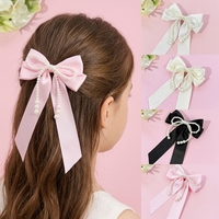 En gros, pinces à cheveux pour femmes avec nœuds en ruban de satin de soie et grandes perles, à longue queue, pour enfants et femmes, pour usage quotidien, fêtes et cadeaux