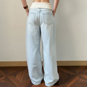 Jeans décontractés à jambe droite pour femmes |   Pantalon en jean respirant et écologique, coupe ample, taille basse, avec ceinture à surpiqûres contrastées - Product Image 4