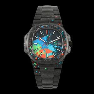 Montre de luxe automatique unisexe 2026 en fibre de carbone marbrée haut de gamme avec cadran éclaboussures de peinture vibrantes et date automatique – Nouveauté promotionnelle - Product Image 1