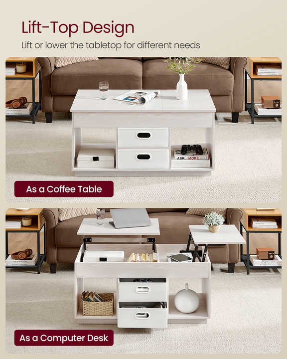 VASAGLE White Height-adjustable Living Room Table 2 Drawers Hidden ...