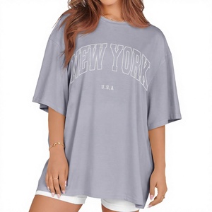 T-shirt surdimensionné pour femmes grandes tailles, gris, coton, col rond, manches courtes, coupe ample, imprimé New York USA, streetwear, haut tendance - Product Image 1