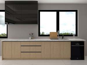 Armoires de cuisine de style épuré, finition brillante, noir et bois, en contreplaqué modulaire en forme de L pour appartement - Product Image 3