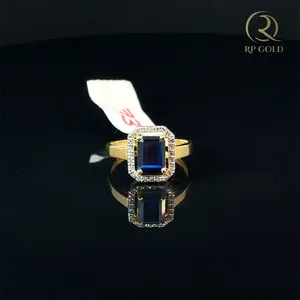 Elegant <b>gold</b> <b>ring</b> with blue stone and sparkling halo womens jewelry stylish gemstone <b>ring</b> gift anniversary party wear - Product Image 3