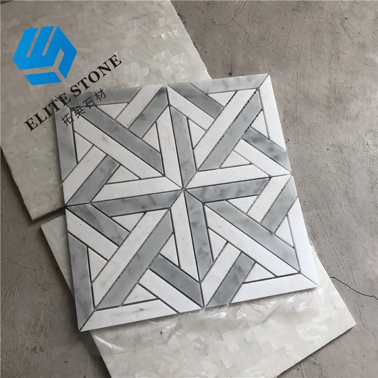 Star And Cross Xám Trắng Carrara Flower Pattern Waterjet Tile Marble Mosaic Đối Với Nội Thất Tường Backsplash Sàn Trang Trí