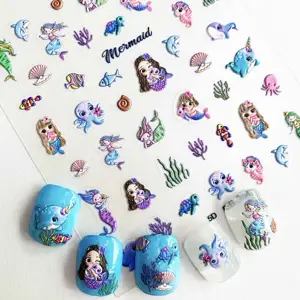 Pegatinas de uñas para niños sirena pez pulpo algas marinas Coral caballito de mar tortuga lindo mar Animal DIY salones niños 5D Nail Art Sticker