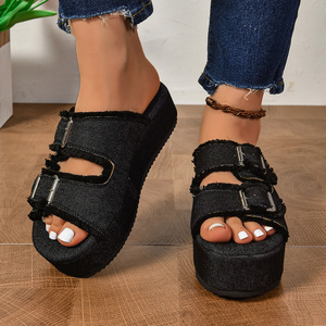 Sandalias de cuña casuales de mezclilla para mujer con suela gruesa, estilo de caña alta, amortiguación y tallas grandes para verano al aire libre - Product Image 4