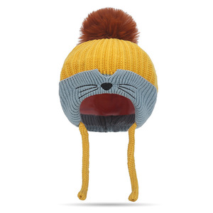 Winter Cute Cartoon Knitted Hat With Earflaps For Kids 52-54cm Unisex Warm Wool Hat Yellow Caramel Pink Beige Red - Product Image 2