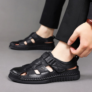 Men's Solid Genuine Leather <b>Flat</b> <b>Sandals</b> Open Toe Buckle Strap Summer Casual Anti Slip Rubber Outsole - Product Image 3