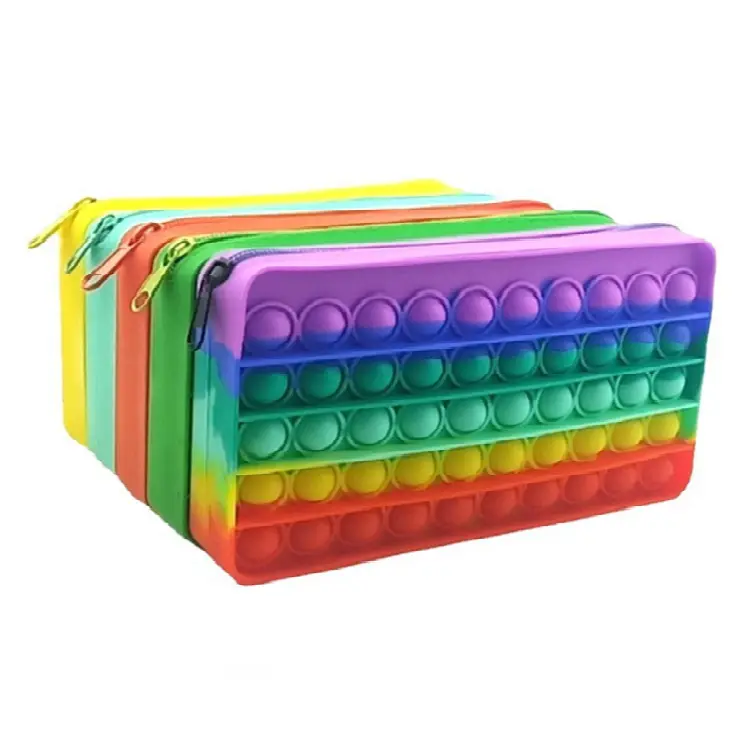Penyimpanan Pena Gelisah Tas Gelembung Dorong Anak-anak Sekolah Rainbow Pop Box Pensil Pouch Popit Lucu Silikon Fidget Pensil