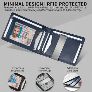 Minimal tasarım Anti RFID korumalı mikro Fiber gerçek deri ince Metal para kıskacı cüzdan Mens