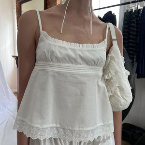 Débardeur plissé à col carré en dentelle française, coupe ample trapèze, style patchwork, Pure Desire, mignon - Product Image 4