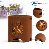 Brasero d'extérieur rond en acier Corten, à bois, avec découpe flamme, patine rouille, quatre pieds et poignée, pour patio