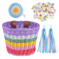 Juego de Cesta de Bicicleta para Niños de Imitación de Ratán Retro con Campana, Pegatinas, Borlas para Manillar, Kit de Accesorios Decorativos para Bicicleta Infantil