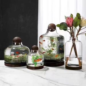 Grand <span class=keywords><strong>bocal</strong></span> rond en verre pour <span class=keywords><strong>terrarium</strong></span> avec couvercle en forme de boule en bois et base en bois pour plantes, écosystème, décoration d'intérieur, jardin, bricolage, artisanat - Product Image 1