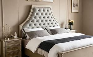 Premium <b>Queen</b> <b>Size</b> Champagne Finish <b>Bed</b> With Grey Diamond Tufted Nailhead Tall Arched Upholstered Headboard For Luxury Bedroom - Product Image 3