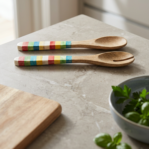 Juego de cucharas de madera para servir, mango arcoíris, pulido a mano, ecológico, estilo sencillo, utensilios de cocina para decoración de mesa, artículos de cocina - Product Image 1