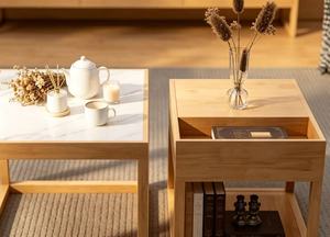 Table basse moderne en bois avec plateau en marbre et étagère de rangement, meubles de salon - Product Image 5