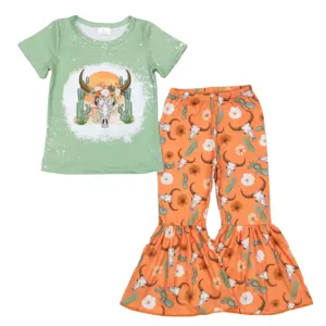 아기 소녀 암소 선인장 의상 부티크 도매 의류 유아 어린이 반팔 벨 바닥 세트 어린이 패션 옷