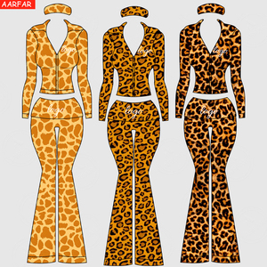 طقم قطعتين بنقشة الفهد للنساء، ملابس مصنعة حسب الطلب مع شعار مطرز، ملابس منزلية ورياضية بنقشة الفهد - Product Image 1