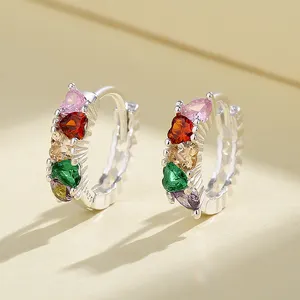 Colorful Women Moissanite Cubic Zirconia Stud Earrings 925 Sterling Silver Hollow Hoop Huggies Earrings Silver Plating