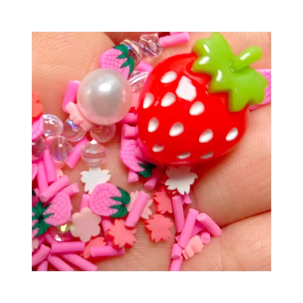 Mini Bag with Cute Strawberry Resin Beads and Pineapple Flower Stick Polymer Clay Charm for Crafts and Decorative Purposes