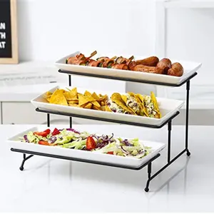 Modern stil bankett buffet 3 tier rechteck weiß keramik party kuchen platte mit eisen rack