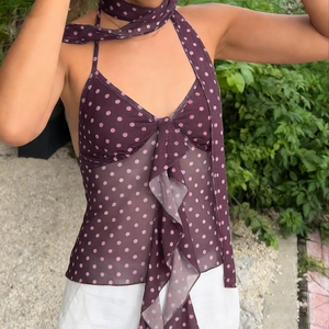 Top en maille à pois pour femmes avec écharpe, débardeur sexy à bretelles spaghetti avec bordure à volants transparente, style vacances - Product Image 2