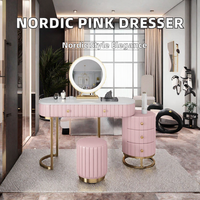 Meuble de chambre à coucher moderne de luxe rose en pin massif, coiffeuse avec miroir et éclairage – Offre spéciale