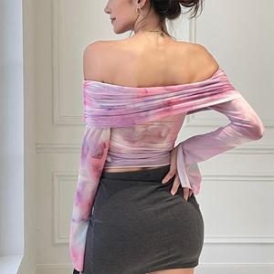Z-5983 <span class=keywords><strong>Maglietta</strong></span> Donna in Rete Fantasia Tie-Dye con Stampa Floreale, Scollo a Barca, Maniche Lunghe, Stile Ins Fashion con Laccetti - Product Image 3