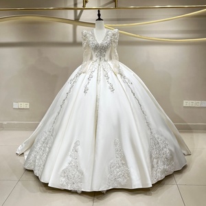 JFH88 Exquisite Satin V-Neck <b>Sequined</b> Crystal Chapel Train Modern Floral Lace Appliques Embroidery Floor-Length Wedding Ball - Product Image 1