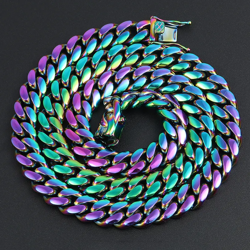 Wholesale 10mm Rainbow Color Cuban Link Chain Mens Miami Stainless Steel Chain Necklace Cuban Chain Hip Hop Jewelry