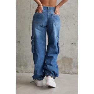 Pantalones Vaqueros Azules para Mujer, Estilo Cargo, con Bolsillos Laterales, 100% Algodón, Corte Ancho - Product Image 1