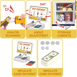Mini supermarché, jeu de rôle, caisse enregistreuse avec 46 pièces de monnaie en plastique, calculatrice, scanner, carte de crédit et articles alimentaires - Product Image 4