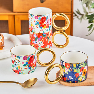<span class=keywords><strong>Tasse</strong></span> en céramique à fleurs de luxe légère, plaquée or, <span class=keywords><strong>grande</strong></span> poignée, mug - Product Image 1