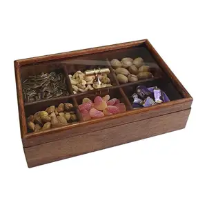 Wooden dried fruit box with transparent lid, modular tray designed for snack storage container