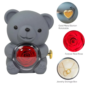 Nuovo Regalo di San Valentino e Festa della Mamma: Orsetto di Rose Vere Conservate Grigie <span class=keywords><strong>con</strong></span> Collana Personalizzabile - Product Image 1
