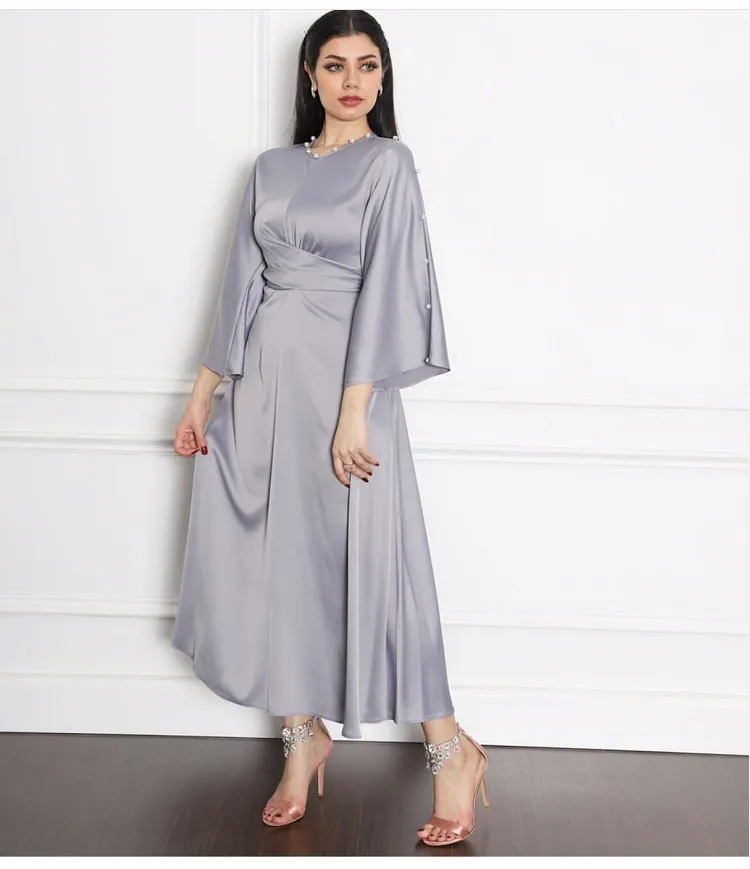 summer plain color satin long sleeve modest islamic women casual clothing dubai fashion long maxi muslim dress