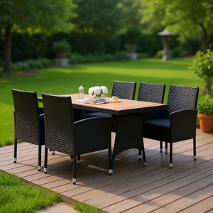 Conjunto de comedor de madera maciza de acacia para exteriores con ratán negro y estructura de acero, muebles de jardín para 6 personas, estilo contemporáneo. - Product Image 2