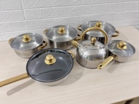 Batterie de Cuisine 12 Pièces en Acier Inoxydable, Ustensiles de Cuisine avec Couvercle en Verre et Poignée Couleur Or – Ensemble de Marmites et Casseroles