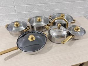 스테인레스 스틸 요리 냄비 12pcs 유리 뚜껑이있는 요리 세트 조리기구 골드 컬러 핸들 냄비와 팬 Marmites 캐서롤 세트 - Product Image 4